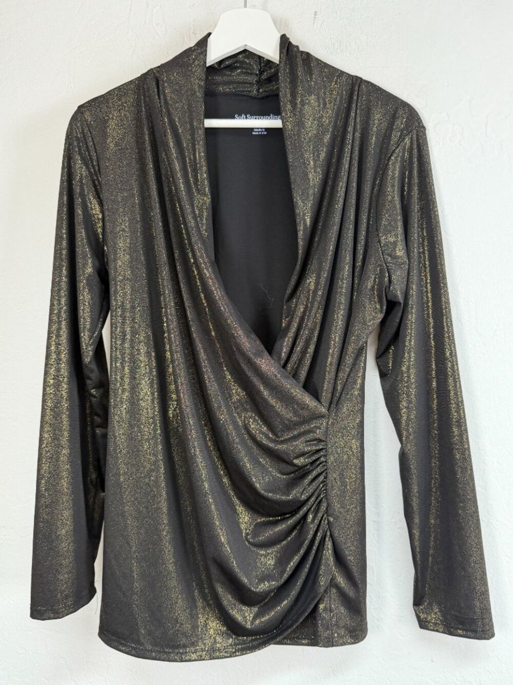 Soft Surroundings Shimmer Gold Metallic Black Ruched Surplice Wrap Top Medium